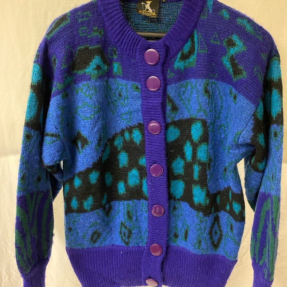 Vintage Unisex Blue and Black Patterned Wool Sweater Cardigan Medium